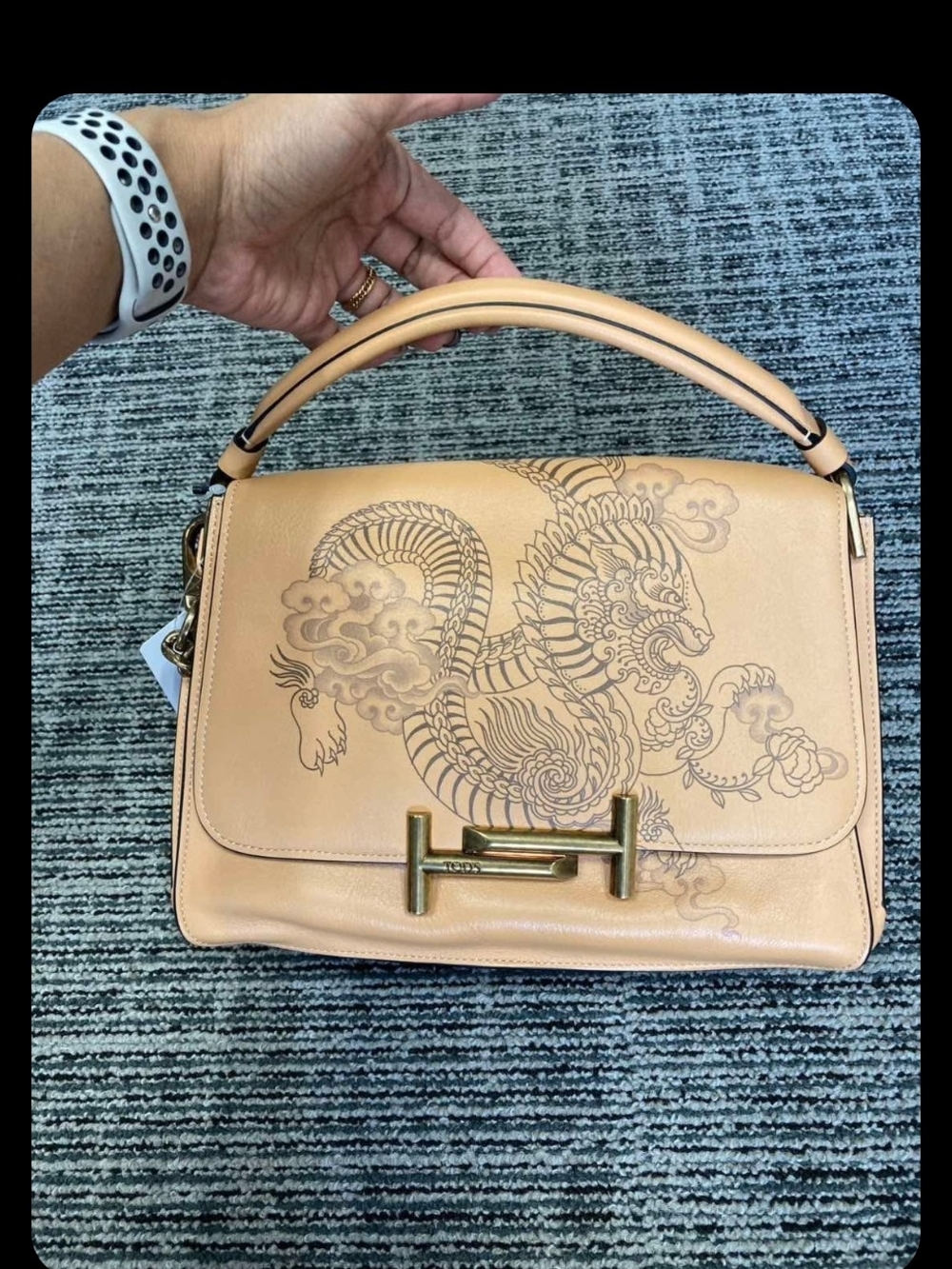 Tod's Beige Leather Top-Handle Shoulder Bag with Dragon Motif